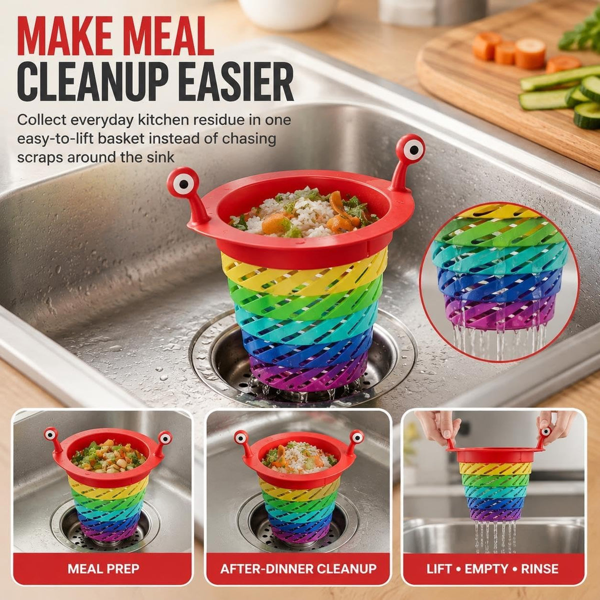 Collapsible Rainbow Sink Strainer Basket with Monster Handles