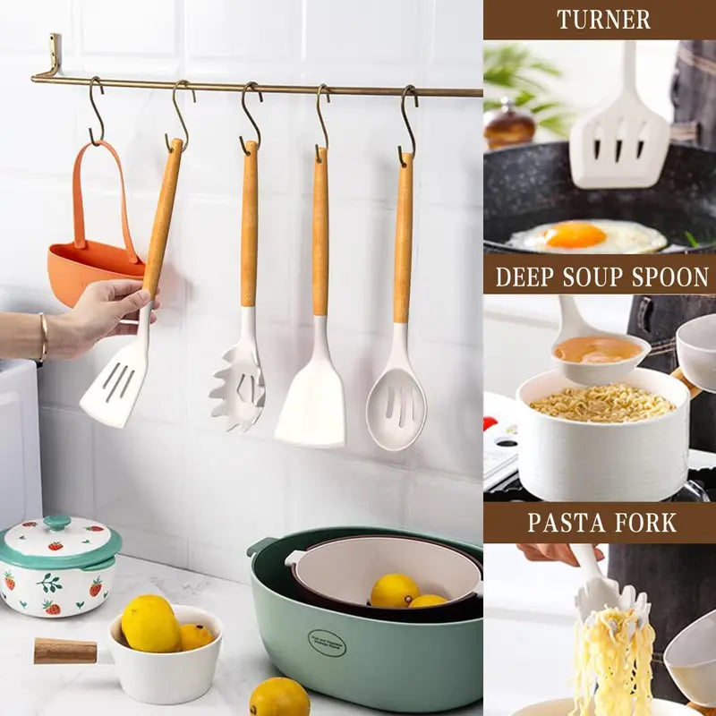 Non-Stick Silicone Cooking Utensils Set with Heat-Resistant Wooden Handles