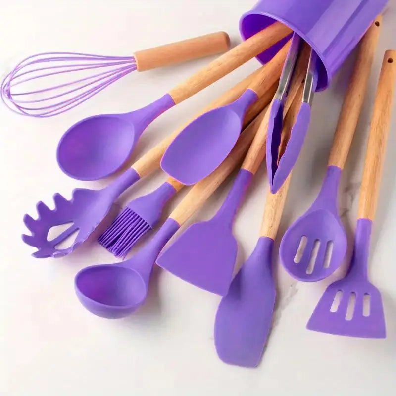 Non-Stick Silicone Cooking Utensils Set with Heat-Resistant Wooden Handles