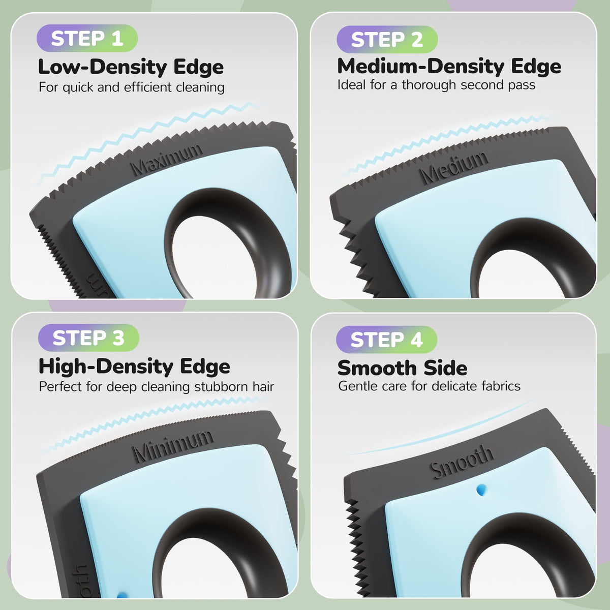 Blue and black four-edge reusable pet hair remover; source product photo.