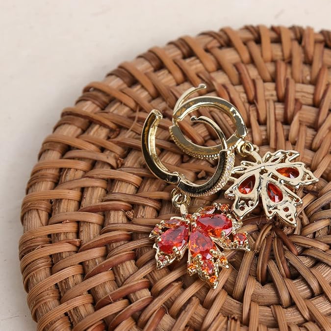 Red Crystal Maple Leaf Dangle Huggie Earrings | Buy 1 Get 1 Free