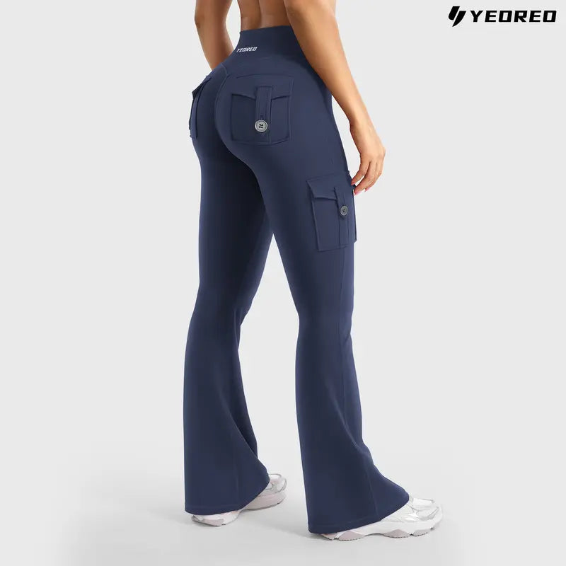 High-Waisted Flare Leggings with Hidden Scrunch & Utility Cargo Pockets