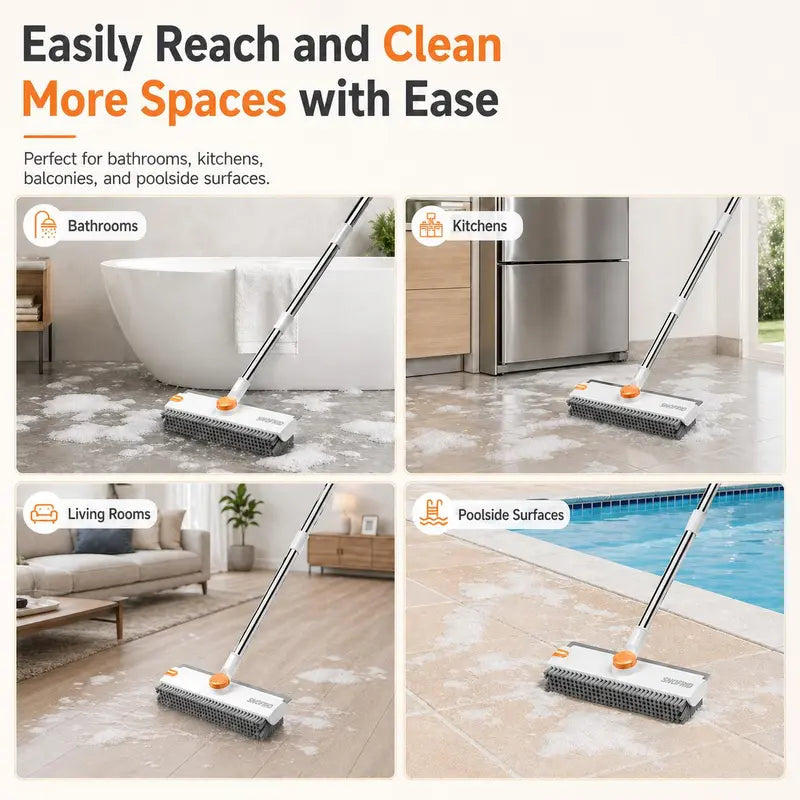 3-in-1 Floor Scrub Brush with Squeegee & 180° Rotating Long Handle