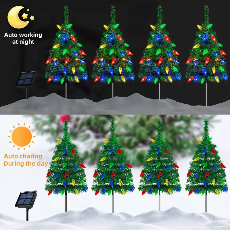 Four solar Christmas tree stake lights with multicolor bulbs