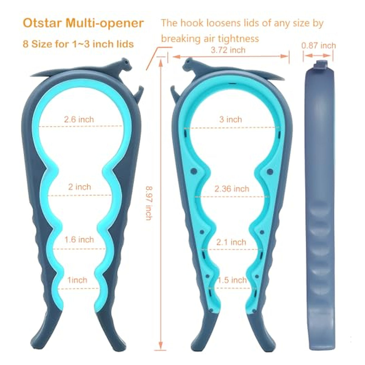 Otstar Multi-opener infographic showing two front views and one side view of a teal and dark blue jar opener. Labeled dimensions show 8 sizes for 1-3 inch lids, overall 8.97 inches tall and 3.72 inches wide. A hook at top loosens lids by breaking air tightness.