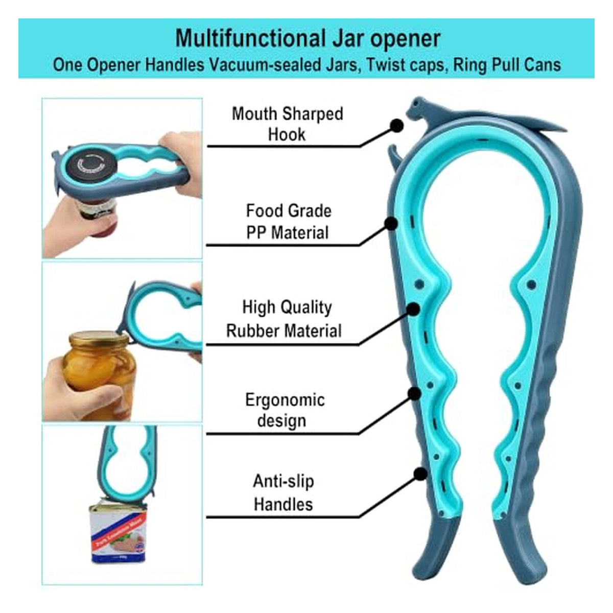 Infographic of a multifunctional jar opener in teal and gray, with 5 labeled features and 3 use-case photos showing it opening a jar lid, glass jar, and pull-tab can.