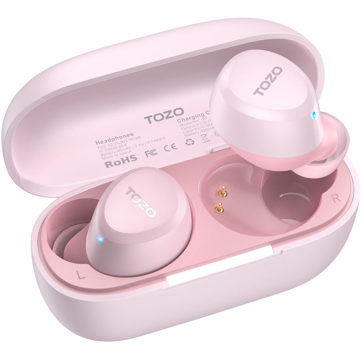TOZO-branded pink true wireless earbuds shown with open charging case. One earbud sits in the case next to gold charging pins, the other rests on top of the lid. Both earbuds display small blue LED indicators. Case interior labeled L and R.