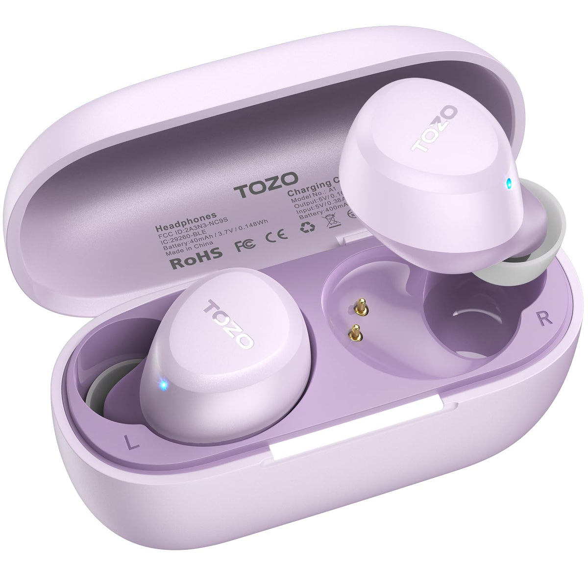 TOZO branded true wireless earbuds in light purple, shown in open charging case. Left earbud sits in case, right earbud propped upright. Gold charging pins visible in case. Blue LED indicators on each earbud. L and R labels inside case.