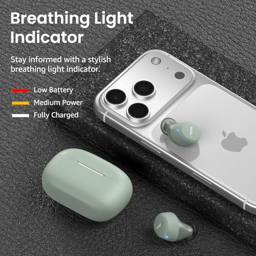 Promotional image for TOZO wireless earbuds in sage green, showing a charging case and two earbuds beside an iPhone. Text explains a breathing light indicator: red for low battery, orange for medium power, white for fully charged.