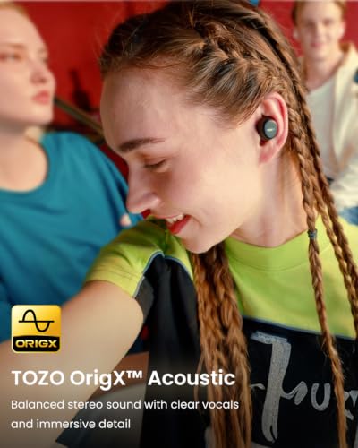 A young woman wearing a black TOZO wireless earbud in her right ear, smiling, with braided hair. Text overlay reads 'TOZO OrigX Acoustic' with tagline about balanced stereo sound and clear vocals.