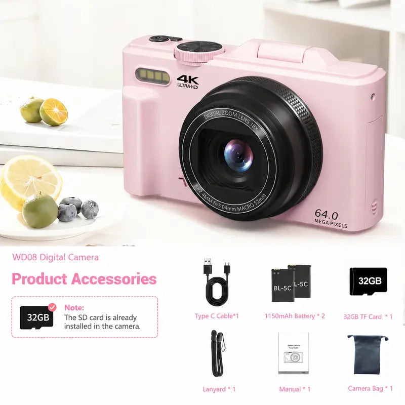 WIKICO 4K Digital Camera – 64MP, Flip Screen & Two-Battery Kit – Pink