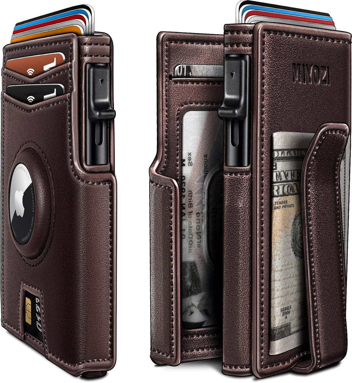 Burgundy004 — Airtag Wallet for Men,with Money Clip 10 Cards Metal Case Smart Slim Pop Up Credit Card Holder Flip with Magnetic Closure RFID Blocking wallet with Gift Box