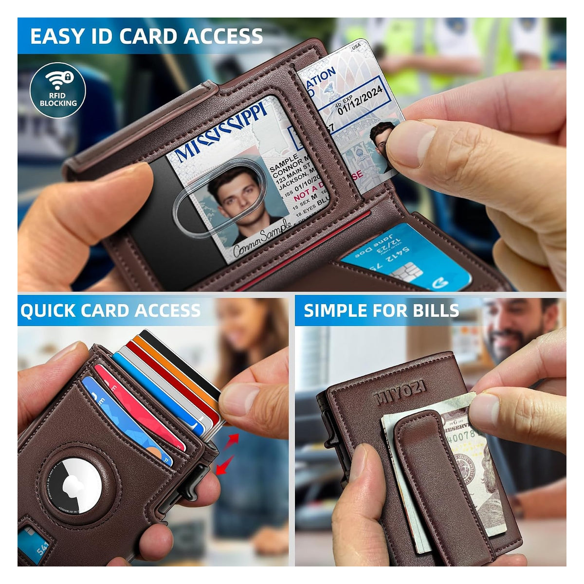 MIYOZI AirTag-Compatible Pop-Up Wallet with Money Clip — shared source structure/use illustration; choose your color above