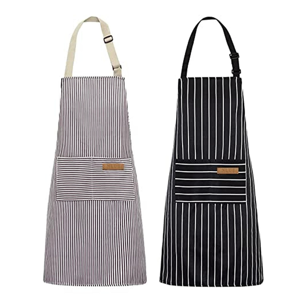 Adjustable Kitchen Aprons with Two Pockets - Four-Piece Set - Black/Brown