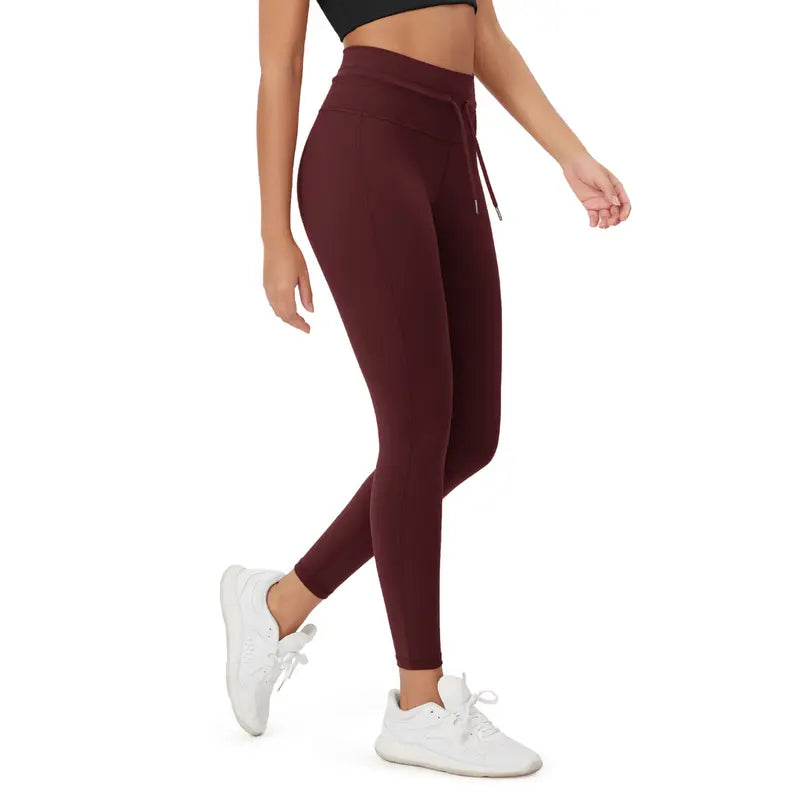Burgundy high-waist drawstring leggings