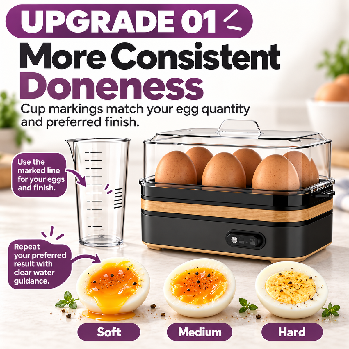 Upgrade 01: more consistent doneness with measuring cup guidance