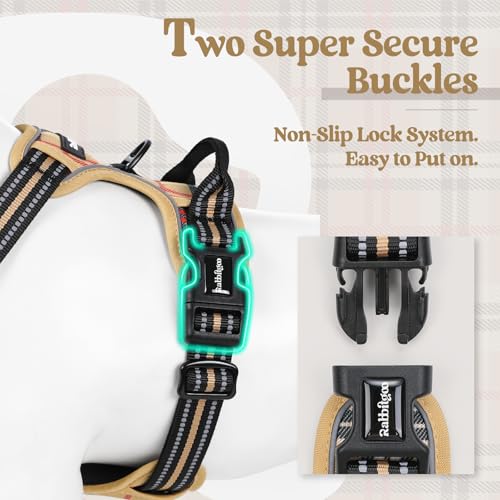 Dog harness detail showing a black plastic buckle highlighted with a cyan glow, on tan and black reflective straps. Two close-up inset photos show the buckle mechanism and brand label. Text reads 'Two Super Secure Buckles - Non-Slip Lock System. Easy to Put on.'