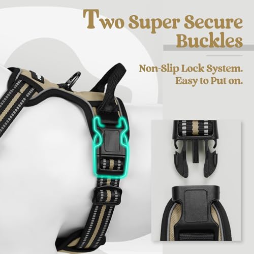 Dog harness detail view highlighting a black plastic quick-release buckle with a teal glowing outline. Inset close-ups show the buckle's locking prongs. Text reads 'Two Super Secure Buckles - Non-Slip Lock System. Easy to Put on.'