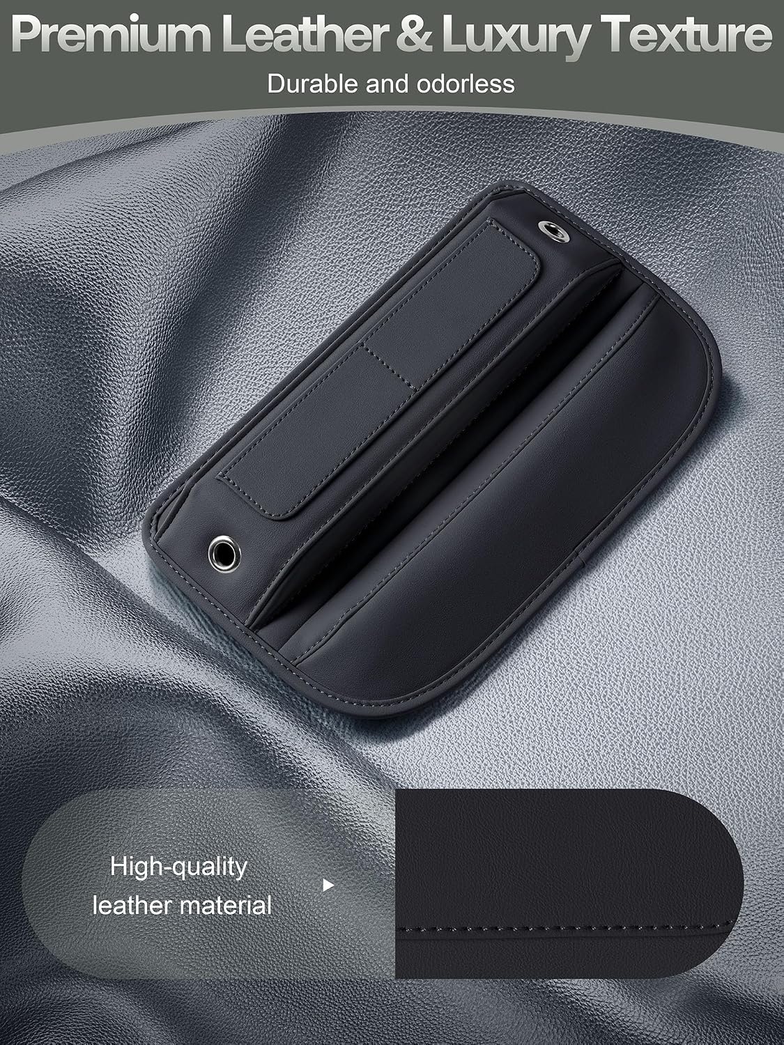 Black leather car seat gap filler organizer shown from above on a leather surface. Features visible card slots, stitched edges, and metal grommets. Text reads 'Premium Leather & Luxury Texture' and 'High-quality leather material.', 4+ more images are available 4+