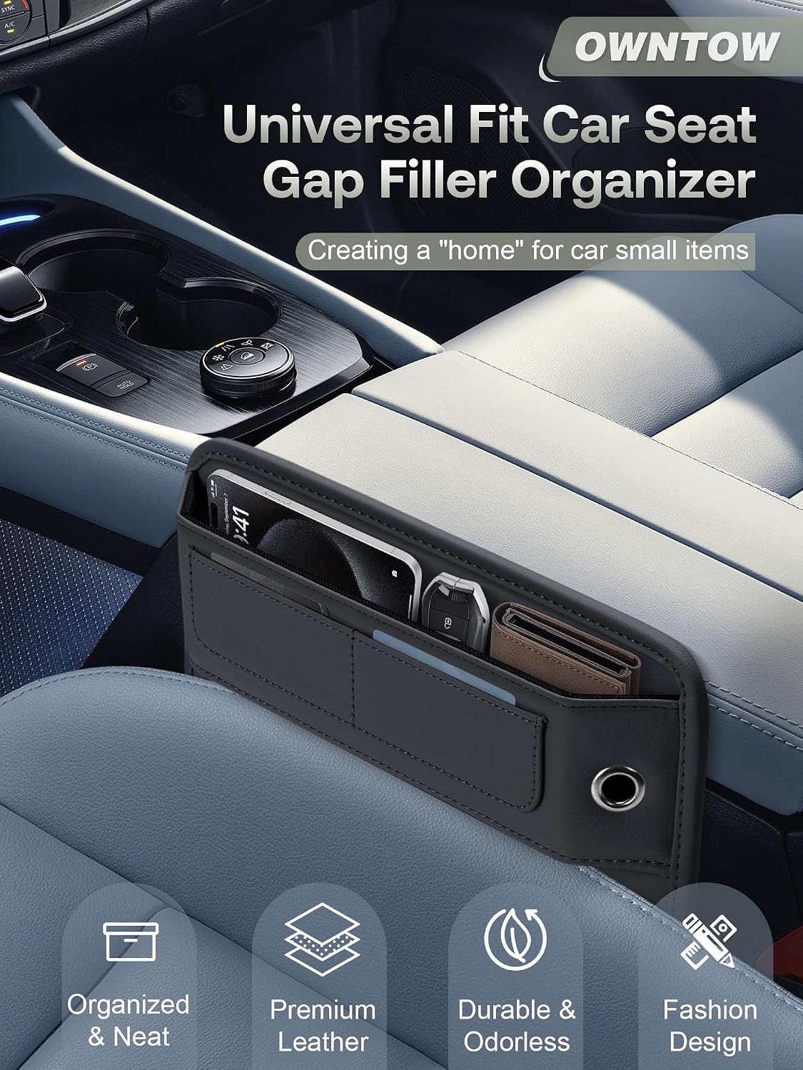 OWNTOW car seat gap filler organizer in black leather-like material, shown wedged between a car seat and center console, holding a phone, keys, and wallet. Bottom icons highlight: Organized & Neat, Premium Leather, Durable & Odorless, Fashion Design.