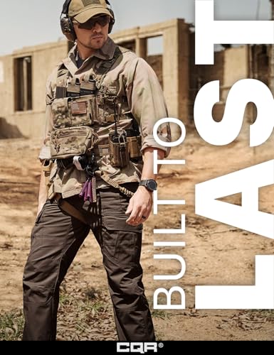 Man in full tactical gear wearing dark brown CQR cargo pants with multiple pockets, standing outdoors near a concrete structure. Text overlay reads 'Built to Last' with CQR brand logo at bottom.