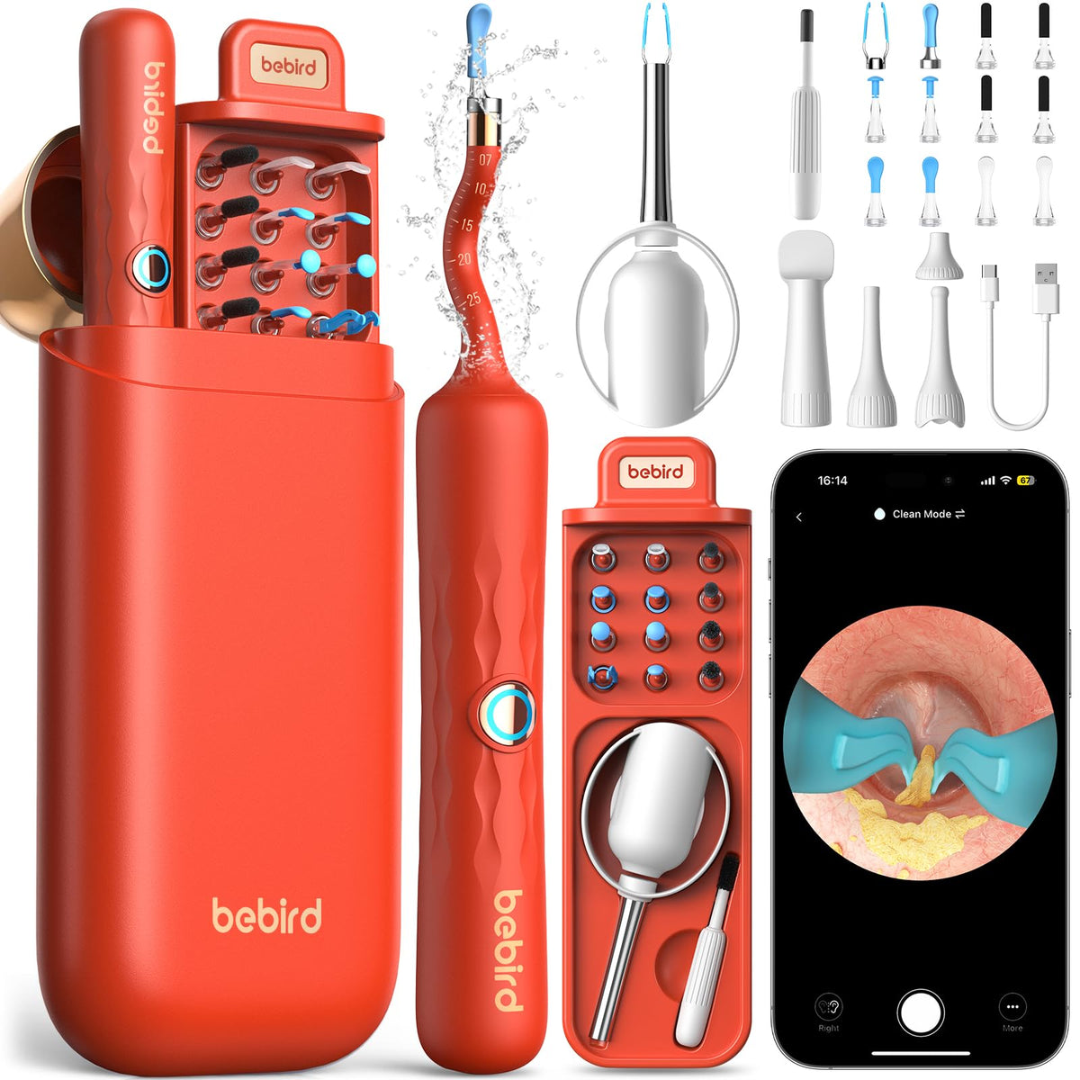 Bebird branded ear wax removal kit in red, showing a storage case, camera pen device, open accessory tray with metal tools, white attachment tips, and a smartphone displaying a live ear canal view in the app.