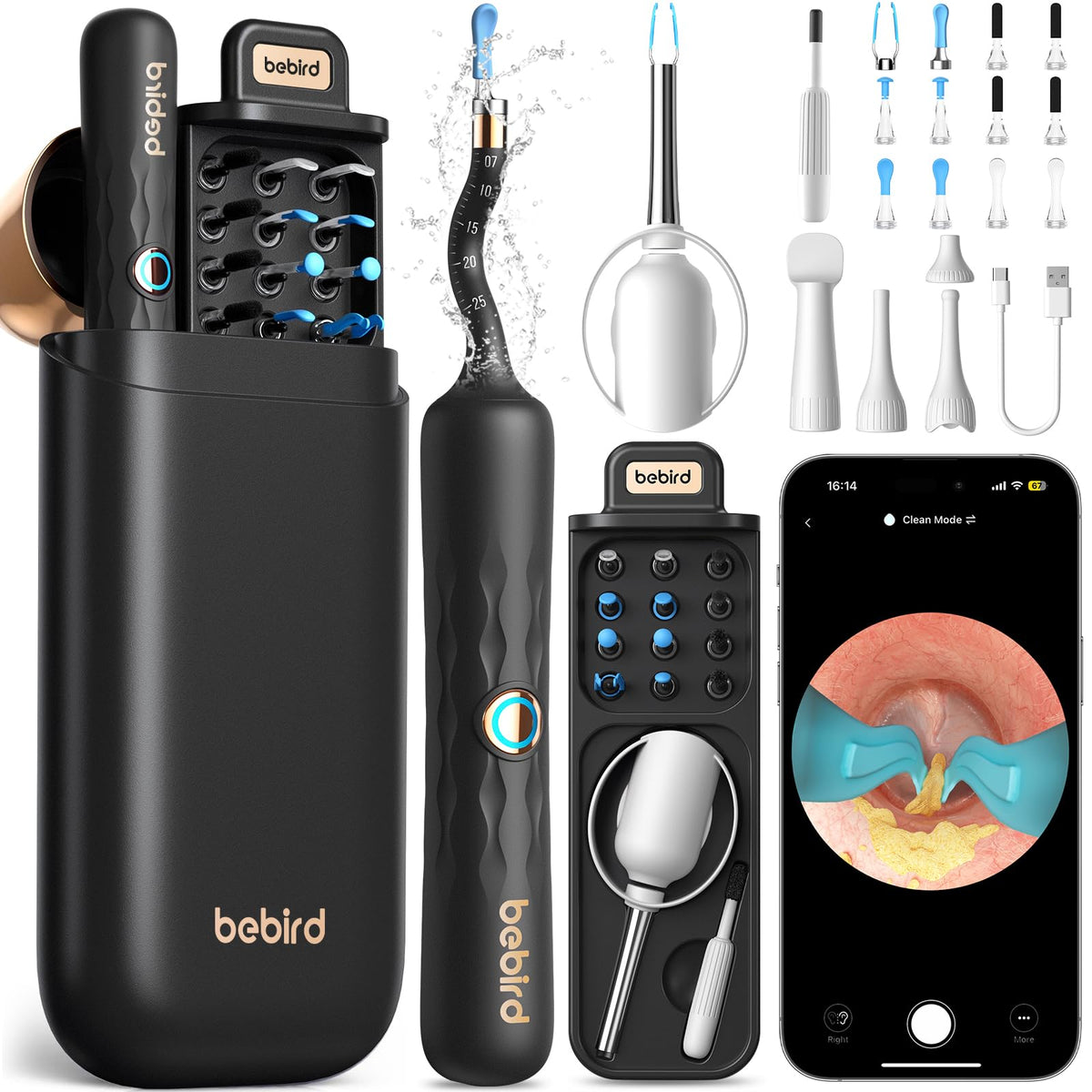 Bebird branded ear wax removal kit in black, showing a storage case with tools, a handheld camera device, attachment tips, accessories, and a smartphone displaying a live ear canal view in the app.