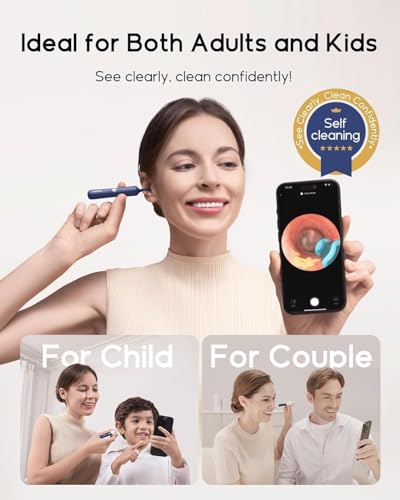 Promotional banner for an ear wax removal camera tool. A woman uses the blue device in her ear while holding a smartphone showing a live ear canal view. Two inset photos show 'For Child' and 'For Couple' use cases. Text reads 'Ideal for Both Adults and Kids - See clearly, clean confidently!'