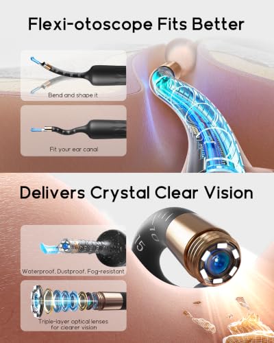 Promotional infographic for a flexible ear camera showing two sections: 'Flexi-otoscope Fits Better' with bendable probe entering an ear canal, and 'Delivers Crystal Clear Vision' highlighting IP67 waterproofing and triple-layer optical lenses.