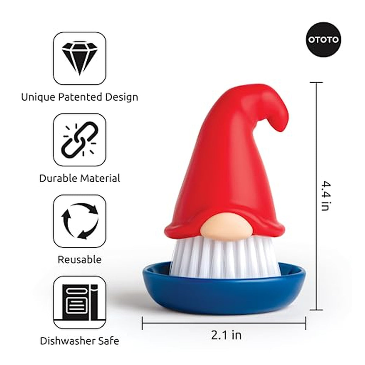 Gnome-shaped dish brush by OTOTO, 2.1 in wide and 4.4 in tall, with a red pointed hat, beige nose, white bristles, and blue bowl base. Icons note: Unique Patented Design, Durable Material, Reusable, Dishwasher Safe.