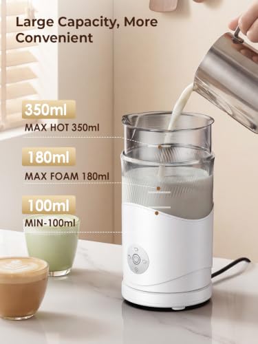 White electric milk frother on a countertop with milk being poured in from a steel pitcher. Capacity labels show MAX HOT 350ml, MAX FOAM 180ml, and MIN 100ml. Two coffee drinks visible beside it.