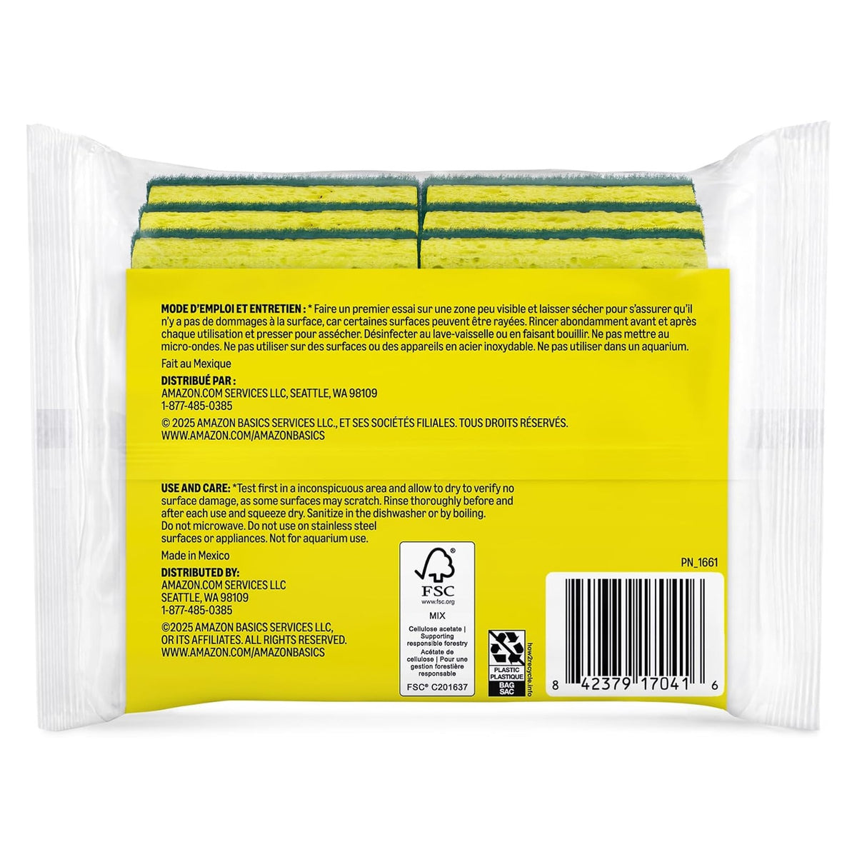 Back of a clear plastic package containing multiple yellow and green dual-sided scrub sponges. Label shows use and care instructions in French and English, FSC certification logo, barcode, and Amazon Basics distributor info.