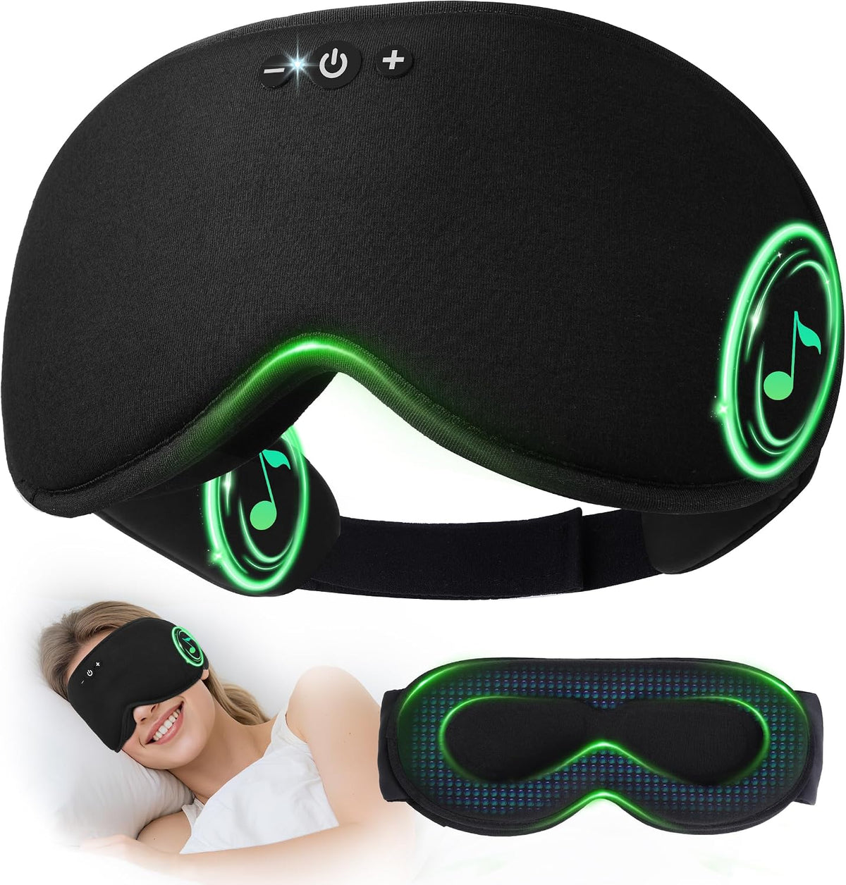 Black 3D contoured sleep mask with Bluetooth headphones, shown from front and back. Features glowing green speaker indicators, control buttons on top, and an adjustable strap. Lifestyle inset shows a woman wearing it.