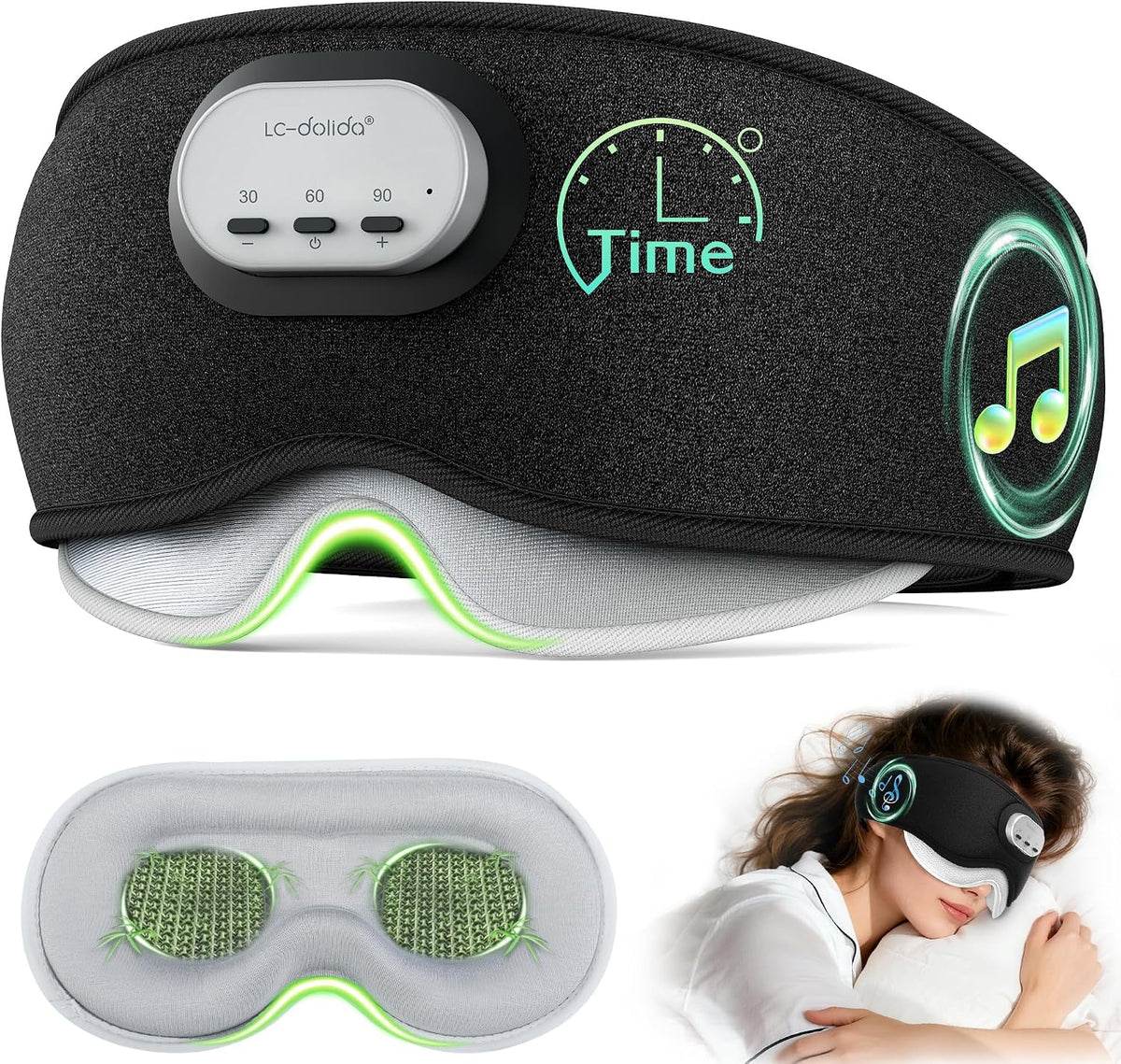 LC-dolida black sleep eye mask with built-in Bluetooth headphones, shown from front and interior views. Features a control module with 30/60/90-minute timer buttons, 3D eye cups with green-lit massage nodes, and a music note graphic. Lifestyle inset shows a woman wearing it.