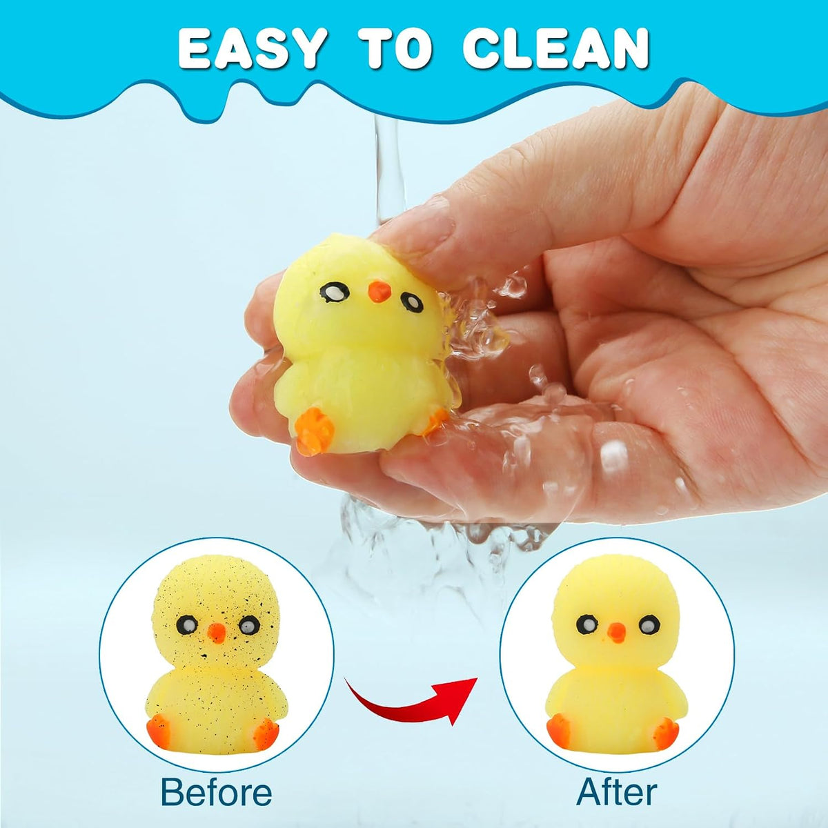Promotional graphic showing a yellow chick squishy toy being rinsed under running water. Text reads 'Easy to Clean.' Two circular insets show a before (dirty, speckled) and after (clean, bright yellow) comparison.