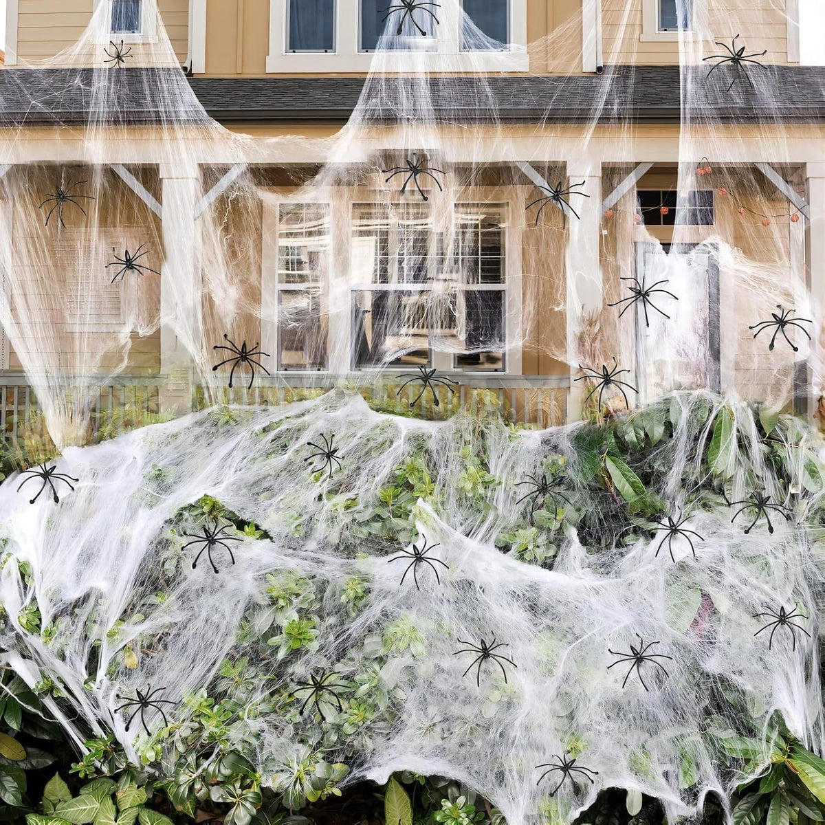 Large stretchable Halloween spider web decoration; custom pack contents described below