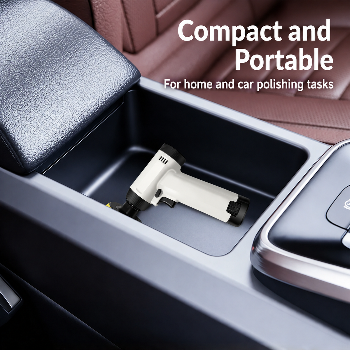 Compact polisher stored in a car compartment