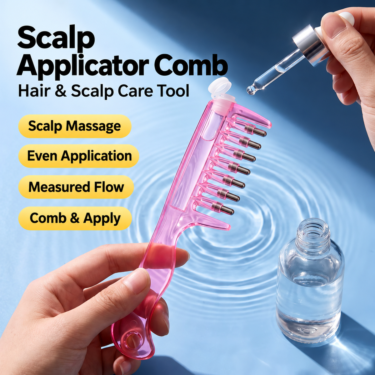 Pink refillable roller scalp applicator comb with English feature callouts