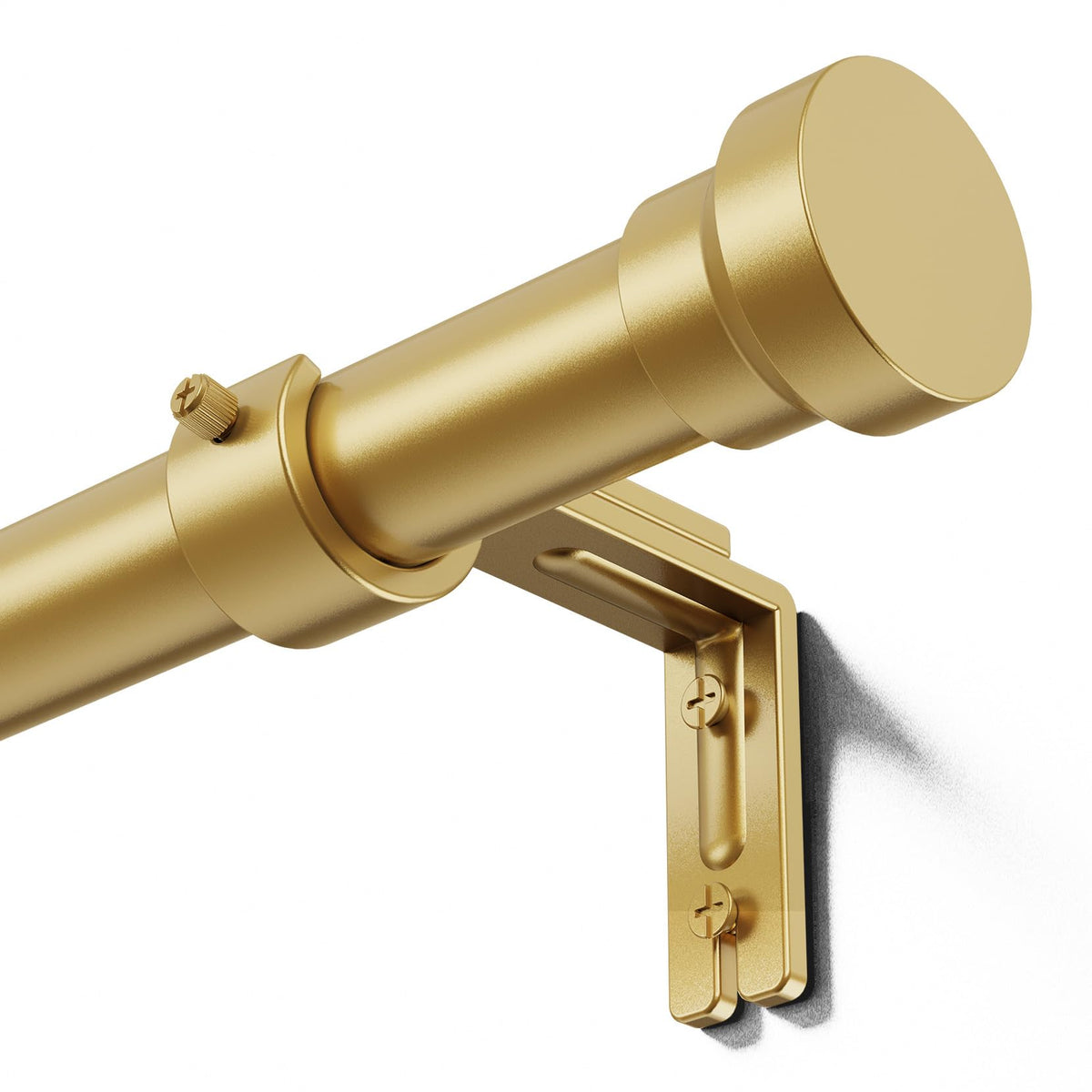 Gold-toned curtain rod shown at an angle, featuring a flat cylindrical finial, a ring bracket with set screw, and an L-shaped wall mounting bracket with two visible screws. Matte satin finish throughout.