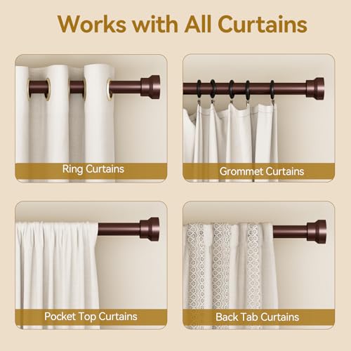 Infographic showing a dark bronze curtain rod compatible with four curtain types: Ring Curtains, Grommet Curtains, Pocket Top Curtains, and Back Tab Curtains, each shown in a separate panel with white curtains.