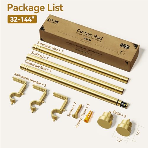 Package list infographic for a gold curtain rod set (32-144 inch). Shows labeled components: 7 extension rods, 1 end rod, 1 telescopic rod, 3 adjustable brackets, 7 screws, 7 anchors, and 2 finials, alongside a kraft cardboard box., 2+ more images are available