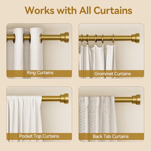 Infographic showing a gold curtain rod working with four curtain types: Ring Curtains, Grommet Curtains, Pocket Top Curtains, and Back Tab Curtains. Each panel shows white curtains hung on the gold rod.