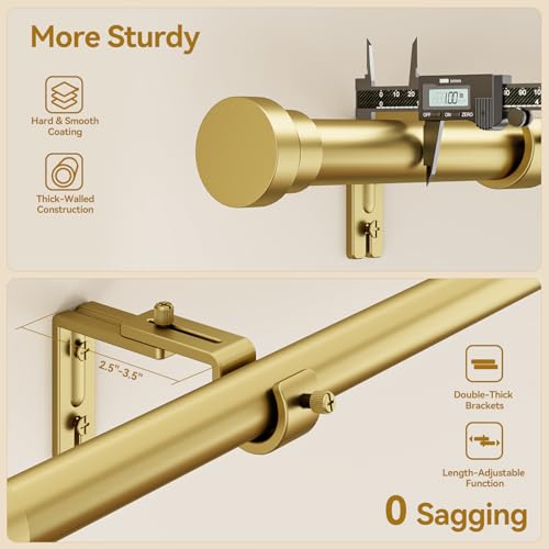 Gold curtain rod infographic split into two panels. Top panel shows rod end with digital caliper measuring 1.0 inch diameter, labeled 'More Sturdy' with callouts for hard smooth coating and thick-walled construction. Bottom panel shows bracket with 2.5-3.5 inch projection range, callouts for double-thick brackets and length-adjustable function, with '0 Sagging' text.