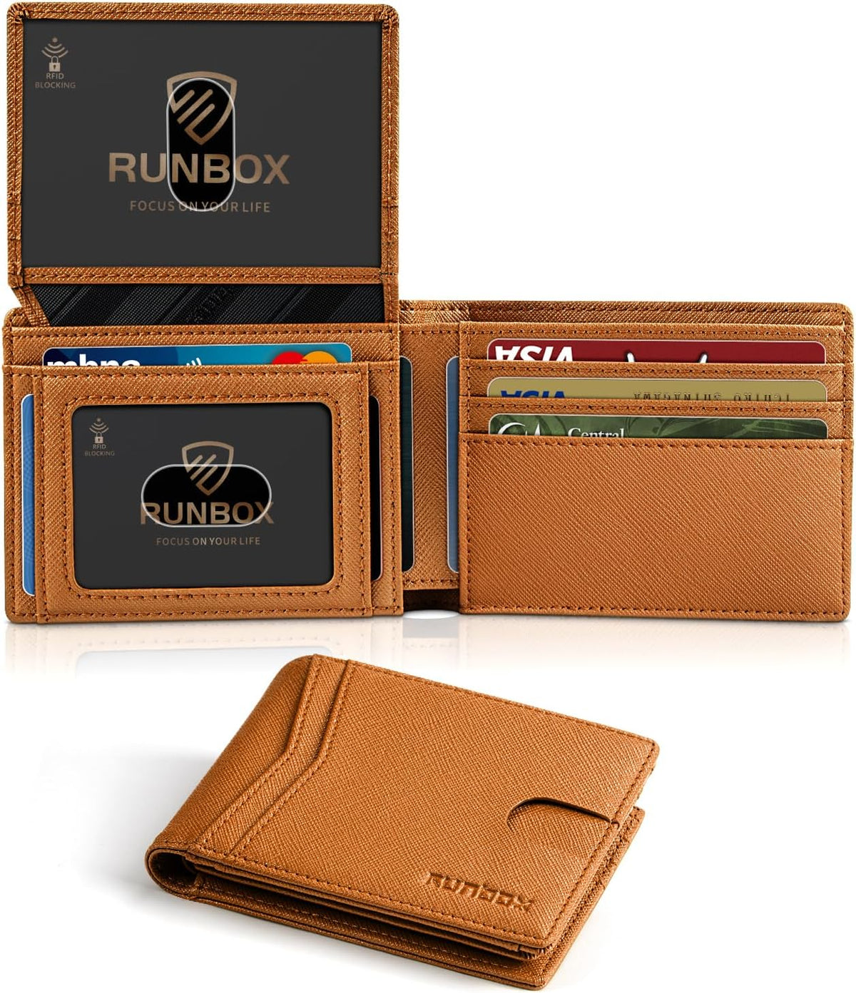Brown — RUNBOX Wallet for Men -Slim Rfid Leather Mens Bifold Novelty Wallets 2 ID Window With Gift Box Men's Accessories