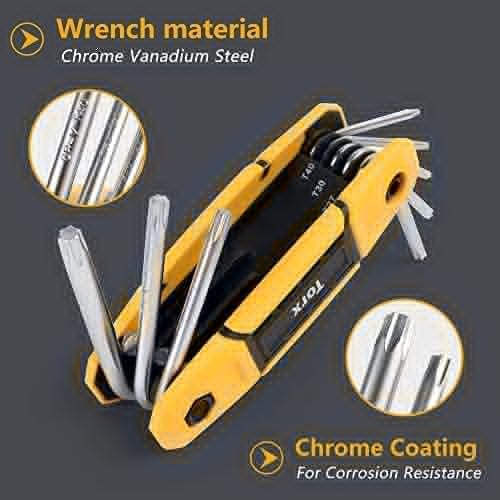 Folding hex key wrench set with yellow and black handle, multiple silver Allen keys fanned out on both sides. Text overlay reads 'Wrench material: Chrome Vanadium Steel' and 'Chrome Coating for Corrosion Resistance.'
