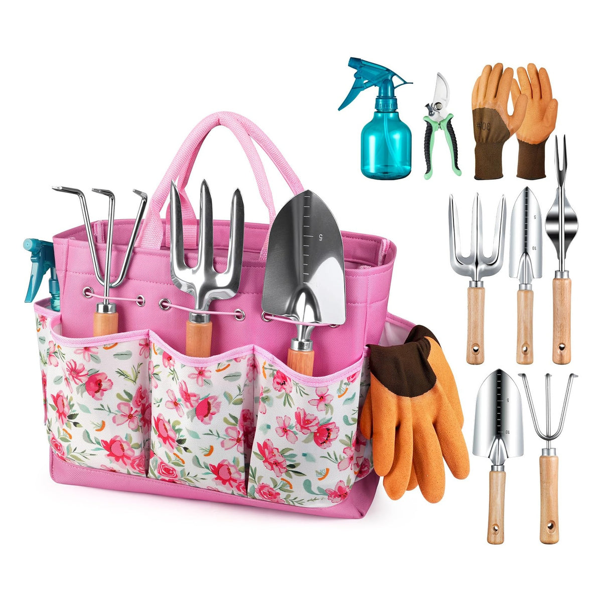 Grenebo Gardening Tool Set with Carrying Tote - Pink