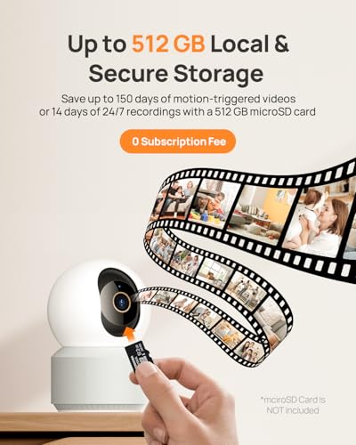 Promotional graphic for an indoor security camera highlighting up to 512 GB local and secure storage. A white dome camera is shown with a hand inserting a microSD card, alongside a film strip showing home surveillance footage. Text notes 0 subscription fee.