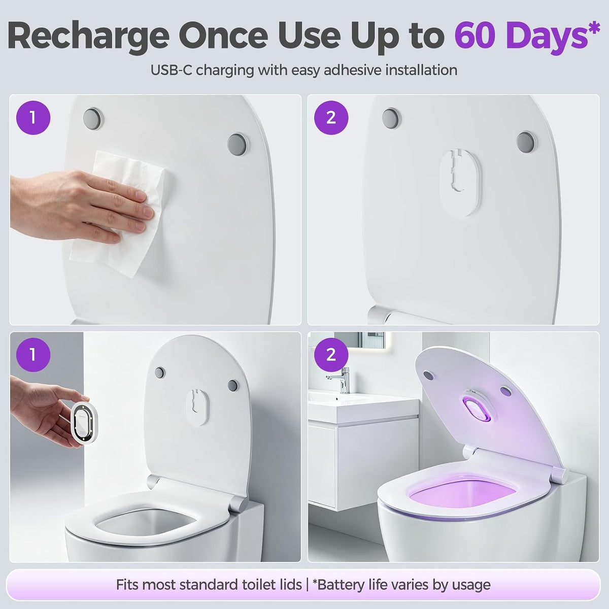 Infographic showing UV-C toilet lid sanitizer installation in 4 steps: cleaning lid surface, attaching adhesive mount, snapping in device, and activated purple UV light glowing inside closed toilet bowl.