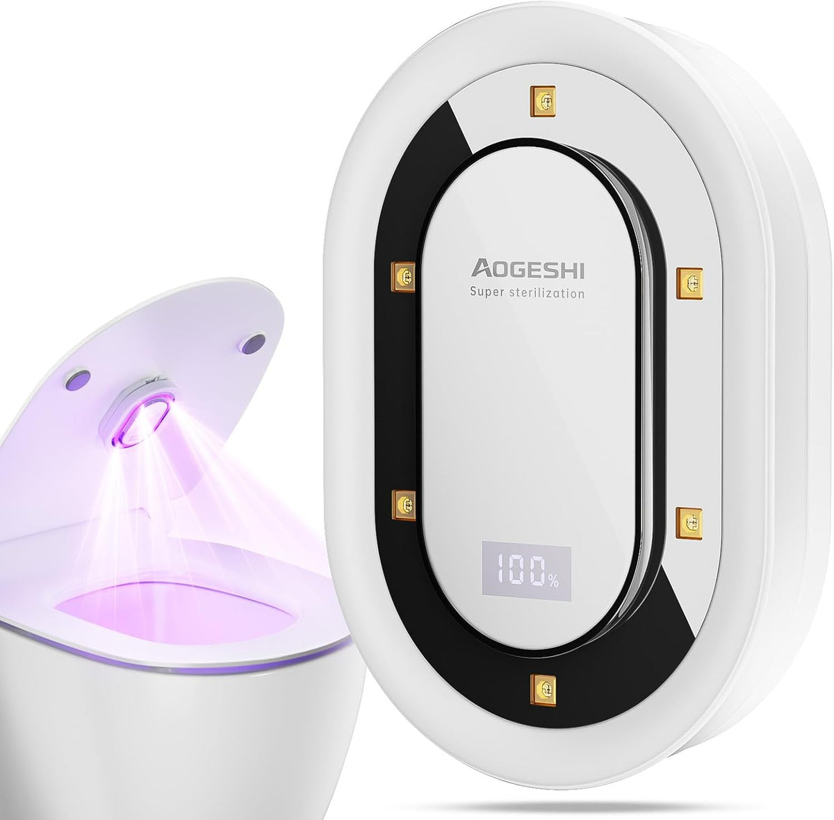 Aogeshi UV-C toilet sanitizer in white, shown from two angles: front view displaying 6 gold LED emitters, black oval frame, and '100%' battery indicator; side view showing purple UV-C light glowing inside open lid.