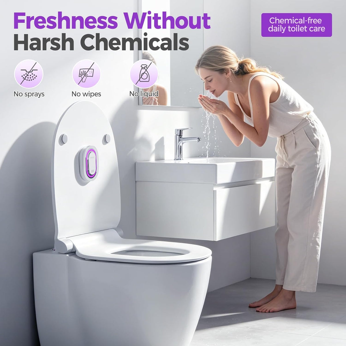 Promotional bathroom image showing a white toilet with a small oval UV-C sanitizer device mounted on the lid. Text reads 'Freshness Without Harsh Chemicals' with icons for No sprays, No wipes, No liquid, and a 'Chemical-free daily toilet care' badge.
